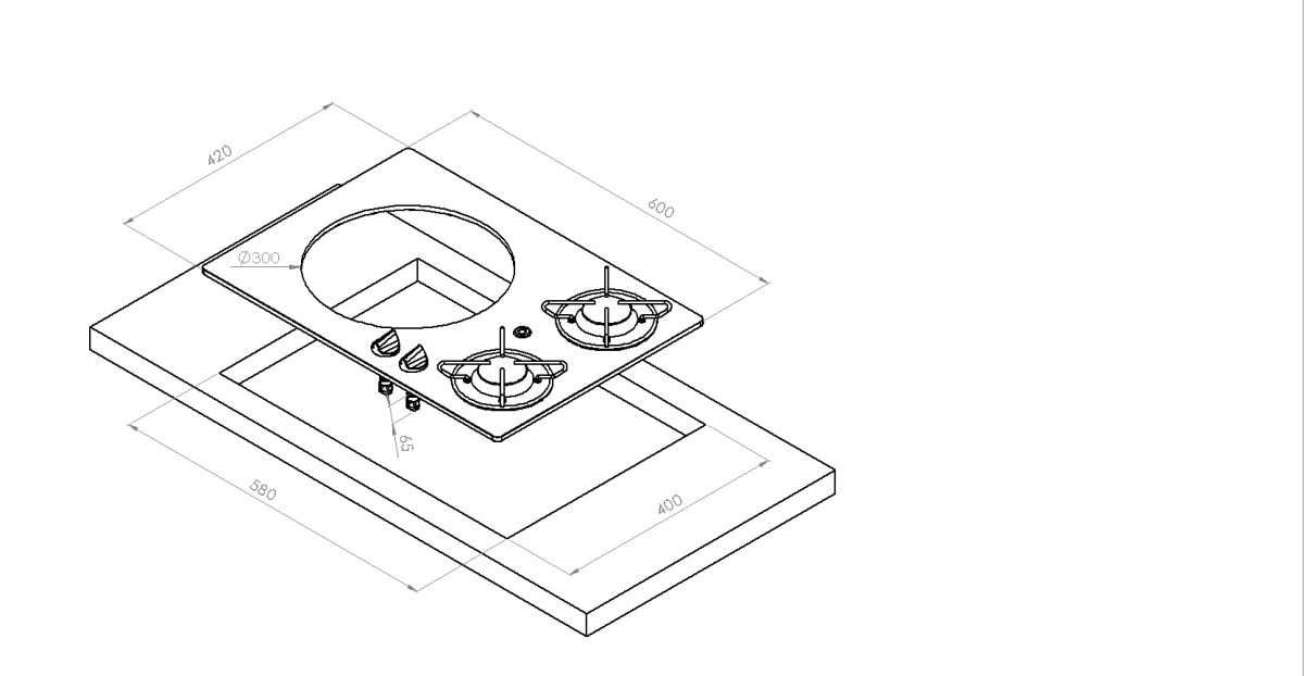 GLASS BUILT-IN HOB UNIT- 2 BURNERS-600×420 W/HOLE FOR SINK